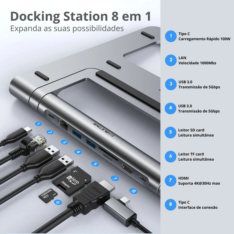 Docking Station para MacBook/Laptop 8 em 1 USB-C